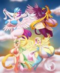  2020 3_toes absurd_res anthro avian beak big_breasts bird blues64 blush breasts captain_celaeno_(mlp) clothing cloud cutie_mark digital_media_(artwork) equid equine female fluttershy_(mlp) friendship_is_magic group hi_res huge_breasts hyper hyper_breasts legwear mammal marauder6272 my_little_pony my_little_pony:_the_movie_(2017) open_beak open_mouth outside parrot pterippus queen_novo_(mlp) sphinx_(mlp) toes wings 