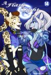  anthro breasts canid canine canis clothed clothing duo eyebrows eyelashes felid female hair hi_res kittydee leopard male mammal open_mouth pantherine purple_eyes smile teeth tongue white_hair wolf 