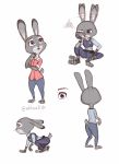  2020 annoyed anthro barefoot bottomwear clothed clothing dipstick_ears disney fully_clothed hi_res judy_hopps lagomorph leporid mammal multicolored_ears multiple_poses nklove3104 one_eye_closed pants pose purple_eyes rabbit shirt simple_background solo standing topwear white_background zootopia 