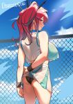 1girl absurdres arm_grab arms_behind_back ass azur_lane bangs bare_shoulders black_panties blush bow breasts bremerton_(azur_lane) bremerton_(scorching-hot_training)_(azur_lane) chain-link_fence character_name collarbone commentary commentary_request crop_top crop_top_overhang fence from_behind grey_hair hair_between_eyes hair_bow hair_ornament heart heart_necklace highres huge_breasts lifted_by_self long_hair looking_at_viewer looking_back multicolored_hair no_mole ogre_craft panties pink_eyes pink_hair shirt sidelocks skirt skirt_lift sleeveless sleeveless_shirt smile solo sportswear streaked_hair tennis_uniform twintails two-tone_shirt two-tone_skirt underwear x_hair_ornament 
