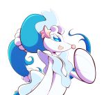  :d artsy-rc blue_eyes covering_mouth fang from_side gen_7_pokemon halftone hand_over_own_mouth hand_up highres no_humans open_mouth pokemon pokemon_(creature) primarina profile signature simple_background skin_fang smile solo upper_body white_background 