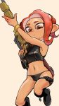 1girl apple_toki asymmetrical_sleeves beige_background black_footwear black_panties boots commentary crop_top dark_skin e-liter_4k_(splatoon) highres holding holding_weapon jumping legs_up looking_at_viewer medium_hair midriff navel octarian octoling panties parted_lips pointy_ears red_eyes red_hair simple_background solo splatoon_(series) splatoon_2 splatoon_2:_octo_expansion squidbeak_splatoon suction_cups symbol_commentary thigh_strap underwear weapon zipper 