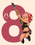  1girl apple_toki asymmetrical_sleeves beige_background black_footwear black_panties black_skirt boots character_name closed_mouth commentary crop_top dark_skin e-liter_4k_(splatoon) frown highres holding holding_weapon jumping legs_up looking_at_viewer medium_hair microskirt midriff navel octarian octoling panties pencil_skirt pointy_ears red_eyes red_hair simple_background skirt solo splatoon_(series) splatoon_2 splatoon_2:_octo_expansion squidbeak_splatoon suction_cups symbol_commentary thigh_strap underwear weapon zipper 