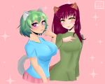  5:4 animal_humanoid blush bottomwear brown_body brown_fur cat_humanoid clothing cutemantis dress duo eyeshadow felid felid_humanoid feline feline_humanoid female fur green_hair grey_body grey_fur hair hi_res humanoid koneko-chan long_hair makeup mammal mammal_humanoid nyan~_neko_sugar_girls pink_background purple_eyes raku-chan red_hair simple_background skirt sparkles yellow_eyes 