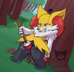  2020 4_fingers absurd_res against_tree anthro batartcave black_eyes black_nose blush bodily_fluids braixen cheek_tuft facial_tuft female fingers fur fur_tuft genital_fluids genitals hi_res holding_object masturbation neck_tuft nintendo outside pok&eacute;mon pok&eacute;mon_(species) pussy pussy_juice red_body red_fur saliva solo sweat teeth text toying_self tree tuft url vaginal vaginal_masturbation video_games white_body white_fur yellow_body yellow_fur 