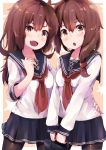  2girls alternate_hair_length alternate_hairstyle anchor_symbol bag black_legwear black_sailor_collar black_skirt brown_eyes brown_hair fang hair_over_shoulder highres ikazuchi_(kantai_collection) inazuma_(kantai_collection) kantai_collection long_hair long_sleeves looking_at_viewer multiple_girls neckerchief pantyhose pleated_skirt red_neckwear sailor_collar school_uniform serafuku shirt skin_fang skirt smile standing taisho_(gumiyuki) white_shirt 