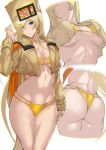  1girl ashiomi_masato ass bikini blonde_hair blue_eyes breasts cosplay eyepatch_bikini fur_hat gloves guilty_gear guilty_gear_strive hat long_hair millia_rage millia_rage_(cosplay) multiple_views orange_headwear simple_background stomach swimsuit toned underboob ushanka white_background yellow_bikini 