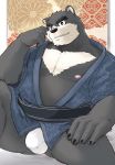  2020 anthro as40728 black_body black_fur black_nose bulge clothing fur humanoid_hands male mammal moobs nipples overweight overweight_male robe solo stardog underwear ursid 