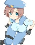  1girl blue_eyes blush breasts brown_hair closed_mouth fingerless_gloves gloves hat jill_valentine looking_at_viewer medium_breasts nagare resident_evil short_hair simple_background solo white_background 