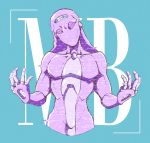  1other artsy-rc blue_background commentary english_commentary hands_up head_tilt highres jojo_no_kimyou_na_bouken looking_at_viewer moody_blues_(stand) solo stand stand_(jojo) static upper_body vento_aureo 