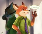  ... 2017 anthro bodily_fluids canid canine cheek_tuft clothed clothing dialogue disney english_text facial_tuft fox fur gloves gloves_(marking) handwear inner_ear_fluff jungle_poppo light lighting mammal markings muzzle_(object) muzzled necktie nick_wilde open_mouth open_smile orange_body orange_fur red_fox shirt smile speech_bubble sweat sweatdrop text topwear tuft zootopia 