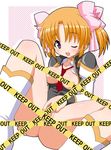  apricot_sakuraba boots bottomless caution_tape censored galaxy_angel galaxy_angel_rune keep_out long_sleeves no_bra one_eye_closed open_clothes open_shirt orange_hair purple_eyes pussy shirt shishimaru_ken'ya short_twintails solo spread_pussy twintails uniform 