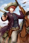  absurdres bedroll belt bird black_neckwear blue_vest brown_eyes brown_hair commentary_request cowboy_hat day dual_wielding glint gun handgun hat highres holding horseback_riding jacket koizumi_(sucseed) male_focus official_art outdoors parted_lips pistol pointing reins riding rifle saddle sheriff_badge smile vest weapon 