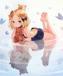  1girl :q abigail_williams_(fate/grand_order) artist_name ass backless_outfit bangs bare_arms bare_legs bare_shoulders barefoot black_bow black_sweater blonde_hair blue_eyes blush bow bug butt_crack butterfly closed_mouth commentary_request different_reflection fate/grand_order fate_(series) forehead full_body hair_bow hair_bun highres insect legs_up long_hair looking_at_viewer lying meme_attire on_stomach orange_bow parted_bangs polka_dot polka_dot_bow red_eyes reflection ripples signature smile soles solo stuffed_animal stuffed_toy sweater teddy_bear tongue tongue_out twitter_username tyot virgin_killer_sweater water 