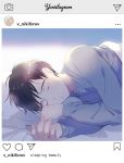  1boy black_hair closed_eyes english_text fake_screenshot instagram jewelry katsuki_yuuri kuroemon lying makkachin male_focus on_side pillow ring sleeping yuri!!!_on_ice 