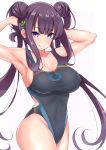 1girl armpits arms_behind_head arms_up bangs bare_shoulders black_swimsuit blue_eyes blue_swimsuit blunt_bangs blush breasts cleavage closed_mouth collarbone covered_navel double_bun fate/grand_order fate_(series) hair_ornament highleg highleg_swimsuit highres large_breasts leaf_hair_ornament licking_lips long_hair looking_at_viewer one-piece_swimsuit purple_hair sankakusui sidelocks smile solo swimsuit thighs tongue tongue_out twintails two-tone_swimsuit very_long_hair yang_guifei_(fate/grand_order) 