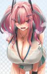  1girl azur_lane bangs black_bra bra breasts bremerton_(azur_lane) bremerton_(scorching-hot_training)_(azur_lane) cleavage commentary_request crop_top crop_top_overhang eyebrows_visible_through_hair eyelashes eyes_visible_through_hair gachou grey_hair hair_between_eyes hair_ornament hairclip heavy_breathing highres huge_breasts long_hair looking_at_viewer miniskirt mole mole_on_breast mole_under_eye multicolored_hair one_eye_closed open_mouth pink_hair pleated_skirt see-through shirt skirt sleeveless sleeveless_shirt sportswear standing streaked_hair sweat tennis_uniform tongue twintails two-tone_shirt two-tone_skirt underwear x_hair_ornament 