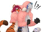  5_fingers black_stripes blue_nose blue_stripes breasts clothing felid female fingers fur hoodie mammal orange_body orange_eyes orange_fur pantherine simple_background smile smileeeeeee striped_body striped_fur stripes tiger topwear white_background 