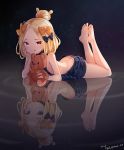  1girl :q abigail_williams_(fate/grand_order) artist_name ass backless_outfit bangs bare_arms bare_legs bare_shoulders barefoot black_bow black_sweater blonde_hair blue_eyes blush bow butt_crack closed_mouth different_reflection fate/grand_order fate_(series) forehead full_body hair_bow hair_bun highres legs_up long_hair looking_at_viewer lying meme_attire night night_sky on_stomach orange_bow parted_bangs polka_dot polka_dot_bow red_eyes reflection ripples signature sky smile soles solo star_(sky) starry_sky stuffed_animal stuffed_toy sweater teddy_bear tongue tongue_out twitter_username tyot virgin_killer_sweater water 