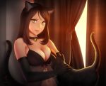  1girl animal animal_ear_fluff animal_ears babydoll bare_shoulders black_cat black_gloves breasts brown_hair cat cat_ears cat_girl cat_tail cleavage collar collarbone commentary_request curtains elbow_gloves gloves highres horiishi_horuto large_breasts light long_hair looking_at_viewer navel original parted_lips petting pink_lips solo tail underwear underwear_only upper_body yellow_eyes 