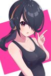  1girl bare_arms black_hair breasts cleavage collarbone emperor_penguin_(kemono_friends) hair_over_one_eye headphones highres index_finger_raised kemono_friends large_breasts long_hair looking_at_viewer open_mouth pink_eyes school_swimsuit solo swimsuit takosuke0624 