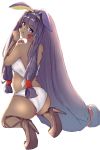  1girl ass bangs bare_shoulders bikini blue_eyes blush bracelet commentary_request dark_skin earrings facepaint facial_mark fate/grand_order fate_(series) from_behind full_body hair_ornament hairband high_heels highres hoop_earrings jewelry kneeling long_hair looking_at_viewer nitocris_(fate/grand_order) open_mouth purple_hair shiny shiny_hair solo swimsuit syica tied_hair white_bikini 