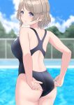  1girl absurdres adjusting_clothes adjusting_swimsuit arhah ass black_swimsuit blue_eyes blue_sky blurry breasts chain-link_fence cloud commentary_request competition_swimsuit cowboy_shot day depth_of_field fence from_behind grey_hair highres large_breasts looking_at_viewer looking_back love_live! love_live!_sunshine!! one-piece_swimsuit outdoors short_hair sky solo swimsuit tree watanabe_you wavy_hair 