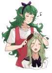  2girls alternate_costume brushing_another&#039;s_hair closed_eyes closed_mouth fire_emblem fire_emblem:_three_houses green_hair hair_brush highres long_hair mother_and_daughter multiple_girls open_mouth pointy_ears rhea_(fire_emblem) sakuuremi short_sleeves simple_background sothis_(fire_emblem) spoilers upper_body white_background 