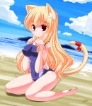  1girl animal_ear_fluff animal_ears bad_feet bangs bare_arms bare_legs bare_shoulders barefoot beach blue_sky blue_swimsuit blush breasts cat_ears cat_girl cat_tail closed_mouth cloud commentary_request competition_swimsuit covered_navel day eyebrows_visible_through_hair hair_between_eyes hands_up highres horizon kanijiru medium_breasts ocean one-piece_swimsuit original outdoors red_eyes red_ribbon ribbon sand signature sitting sky smile solo swimsuit tail tail_raised tail_ribbon wariza water 