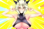  1girl artoria_pendragon_(all) artoria_pendragon_(lancer_alter) bangs bare_shoulders blonde_hair blush breasts closed_mouth double_v emotional_engine_-_full_drive fate/grand_order fate_(series) hair_between_eyes hands_up horns large_breasts long_hair looking_at_viewer parody revealing_clothes sankakusui shiny shiny_skin sideboob sidelocks solo sparkle underboob v yellow_background yellow_eyes 