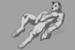  absurd_res anthro canid canine canis fullbodywolf fur hi_res lying male mammal mar muscular muscular_male pecs purple_ears relaxing solo stripes white_body white_fur wolf 