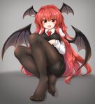  1girl :d bangs black_legwear black_skirt black_vest blush breasts commentary_request demon_wings eyebrows_visible_through_hair grey_background hair_between_eyes hair_intakes head_wings highres juliet_sleeves knees_up koakuma large_breasts long_hair long_sleeves looking_at_viewer m9kndi miniskirt no_shoes open_mouth pantyhose pencil_skirt puffy_sleeves red_eyes red_hair shadow shirt sitting skirt smile solo thighs touhou very_long_hair vest white_shirt wings 