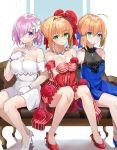 3girls ahoge aqua_eyes artoria_pendragon_(all) bangs bare_shoulders blonde_hair blue_dress blush braid breasts couch dress fate/extra fate/grand_order fate/stay_night fate_(series) french_braid green_eyes hair_between_eyes hair_over_one_eye high_heels highres large_breasts lavender_hair long_hair looking_at_viewer mash_kyrielight multiple_girls nero_claudius_(fate) nero_claudius_(fate)_(all) purple_eyes red_dress saber short_hair sitting small_breasts smile tsukise_miwa white_dress 