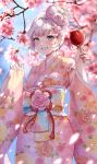  1girl absurdres ahoge artist_name bangs beige_kimono blue_eyes blurry blurry_background blush breasts candy_apple cherry_blossoms commentary dated eyebrows_visible_through_hair floral_print flower food hair_flower hair_ornament highres holding japanese_clothes kimono long_sleeves looking_at_viewer medium_breasts medium_hair multicolored multicolored_clothes multicolored_kimono original outdoors pink_flower pink_kimono pink_nails smile solo tacco_(tikeworld) teeth white_hair wide_sleeves 