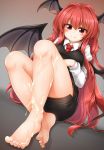  1girl bangs bare_legs barefoot black_skirt black_vest blush breasts brown_background commentary_request cum cum_on_body cum_on_lower_body demon_wings eyebrows_visible_through_hair gradient gradient_background grey_background hair_between_eyes hair_intakes head_wings highres juliet_sleeves knees_up koakuma large_breasts long_hair long_sleeves looking_at_viewer m9kndi miniskirt pencil_skirt puffy_sleeves red_eyes red_hair shadow shirt sitting skirt smile solo thighs touhou very_long_hair vest white_shirt wings 