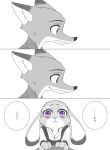  2016 anthro bodily_fluids canid canine clothed clothing comic dialogue dipstick_ears disney duo fox fur green_eyes hi_res japanese_text judy_hopps lagomorph leporid mammal multicolored_ears nick_wilde puki purple_eyes rabbit red_fox speech_bubble tears text translation_request zootopia 