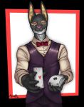  &lt;3 anthro athosvds black_body black_fur bow_tie canid canine canis card fur heart_nose heterochromia jackal looking_at_viewer male mammal solo 