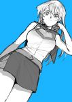  1girl 203wolves bangs bare_arms bare_shoulders blue_background breasts buttons closed_mouth commentary_request greyscale hand_up highres long_hair looking_at_viewer medium_breasts miniskirt monochrome simple_background skirt smile tenjouin_asuka uniform yuu-gi-ou yuu-gi-ou_gx 
