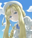  1girl alicia_florence aria bangs blonde_hair blue_eyes blue_sky braided_ponytail closed_mouth cloud hair_between_eyes highres kamehito long_hair looking_at_viewer shiny shiny_hair sky smile solo upper_body very_long_hair 