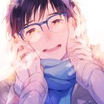  2boys :d black_hair blue-framed_eyewear blue_scarf blush brown_eyes glasses hands_on_another&#039;s_cheeks hands_on_another&#039;s_face jewelry katsuki_yuuri kuroemon male_focus multiple_boys open_mouth pov reflection ring scarf smile solo_focus viktor_nikiforov yaoi yuri!!!_on_ice 