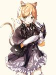  1girl animal_ears arknights blonde_hair cat_ears cat_tail claws mousse_(arknights) necktie satanfang skirt solo tail twintails yellow_eyes 