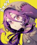  1girl hare_(yamihuji) hood hoodie looking_at_viewer no_game_no_life open_mouth portrait purple_eyes purple_hair shuvi_(no_game_no_life) simple_background solo tagme yellow_background 