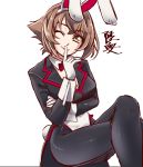  1girl animal_ears black_coat bow bowtie brown_hair bunny_ears bunny_tail bunnysuit character_name coat commentary_request crossed_legs detached_collar feet_out_of_frame finger_to_mouth gloves green_eyes index_finger_raised kantai_collection looking_at_viewer mutsu_(kantai_collection) pantyhose red_neckwear short_hair simple_background sitting solo tail tailcoat uzuki_kosuke white_background white_gloves white_legwear wrist_cuffs 