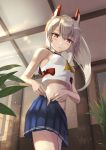  1girl announ_(kurotya) ayanami_(azur_lane) azur_lane bangs bare_shoulders blue_sailor_collar blush breasts crop_top eyebrows_visible_through_hair hair_between_eyes hair_ornament headgear high_ponytail highres indoors long_hair looking_at_viewer looking_down orange_eyes picture_(object) plant platinum_blonde_hair pleated_skirt ponytail sailor_collar school_uniform shirt sidelocks single_thighhigh skirt small_breasts solo thighhighs white_legwear yellow_neckwear 