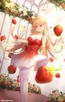  1girl absurdres ahoge blonde_hair blurry_foreground blush breasts cleavage closed_mouth collarbone dress dutch_angle english_text food fruit gradient_hair greenhouse greyscale hair_ornament highres holding holding_food holding_fruit long_hair machin4719 medium_breasts monochrome multicolored_hair original red_eyes single_strap sleeveless sleeveless_dress smile solo standing strawberry thighhighs two-tone_dress very_long_hair white_legwear 