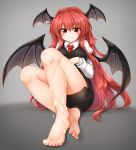  1girl bangs bare_legs barefoot black_skirt black_vest blush breasts commentary_request cum cum_on_body cum_on_lower_body demon_wings eyebrows_visible_through_hair grey_background hair_between_eyes hair_intakes head_wings highres juliet_sleeves knees_up koakuma large_breasts long_hair long_sleeves looking_at_viewer m9kndi miniskirt pencil_skirt puffy_sleeves red_eyes red_hair shadow shirt sitting skirt smile solo thighs touhou very_long_hair vest white_shirt wings 