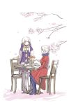  2girls batoson54 chair cherry_blossoms cup dress edelgard_von_hresvelg fire_emblem fire_emblem:_three_houses from_side hair_ornament high_heels highres holding holding_cup long_hair long_sleeves lysithea_von_ordelia multiple_girls open_mouth petals pink_eyes purple_eyes sitting table teacup tree_branch white_hair white_legwear 