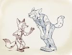  2020 anthro barefoot beastars bottomwear canid canine canis clothed clothing crossover disney duo fox fully_clothed fur hi_res legoshi_(beastars) looking_at_another mammal necktie nick_wilde open_mouth open_smile pants red_fox shirt simple_background smile standing thedarkshadow1990 topwear wolf zootopia 