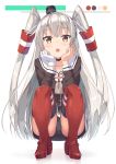  1girl amatsukaze_(kantai_collection) black_panties blush brown_dress brown_eyes changaa dress eyebrows_visible_through_hair full_body garter_straps gloves hair_between_eyes hair_tubes hairband highres kantai_collection long_hair looking_at_viewer multiple_girls open_mouth panties pantyshot pantyshot_(sitting) sailor_dress short_dress silver_hair sitting solo striped striped_legwear thighhighs two_side_up underwear white_gloves windsock 