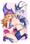  1girl 2girls asymmetrical_docking blonde_hair blush boots breast_hold breast_press breasts cleavage dark_magician_girl gloves green_eyes hair_over_one_eye hat high_heels highres large_breasts long_hair multiple_girls navel red_eyes ros silent_magician symmetrical_docking thigh_boots thighhighs white_hair yuu-gi-ou 